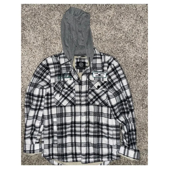 San Jose Sharks Sherpa Lined Flannel Hoodie Jacket Men’s S Embroidered Heavy Y2K - Picture 1 of 7